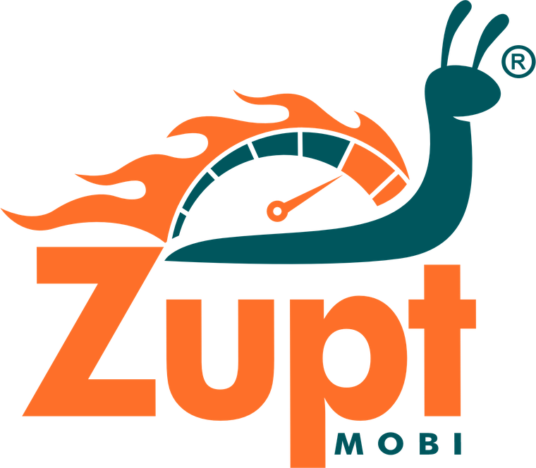 Logo da Zupt Mobi: caracol com velocímetro e chamas